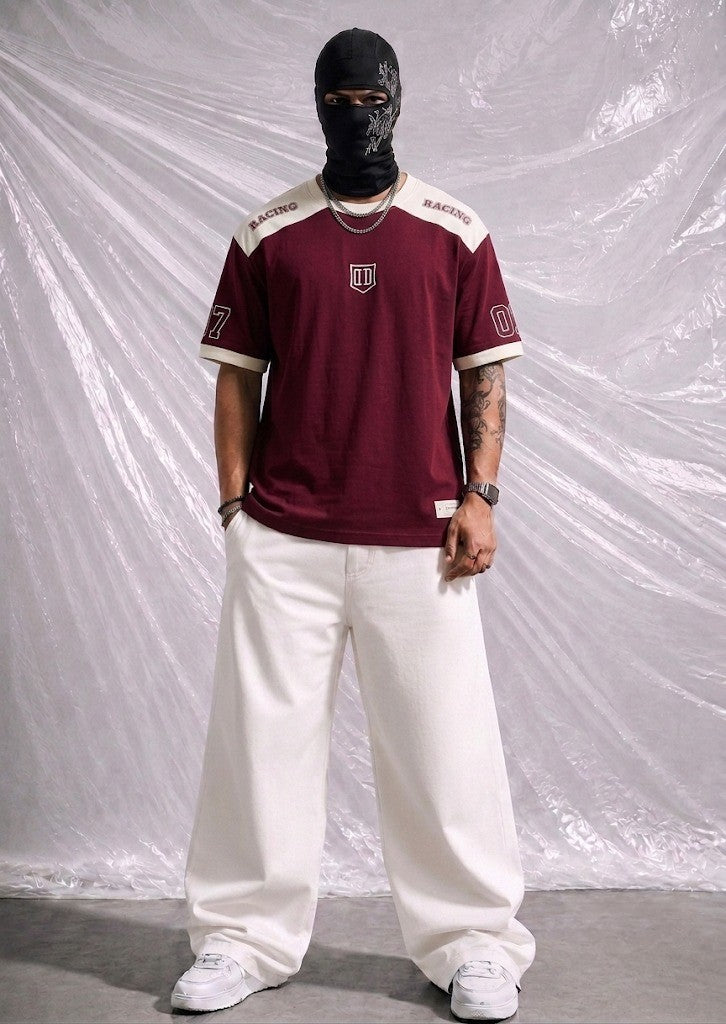 Oversized Maroon & Cream Racing T-Shirt with Number '07' & Shield Logo | Elite Garments