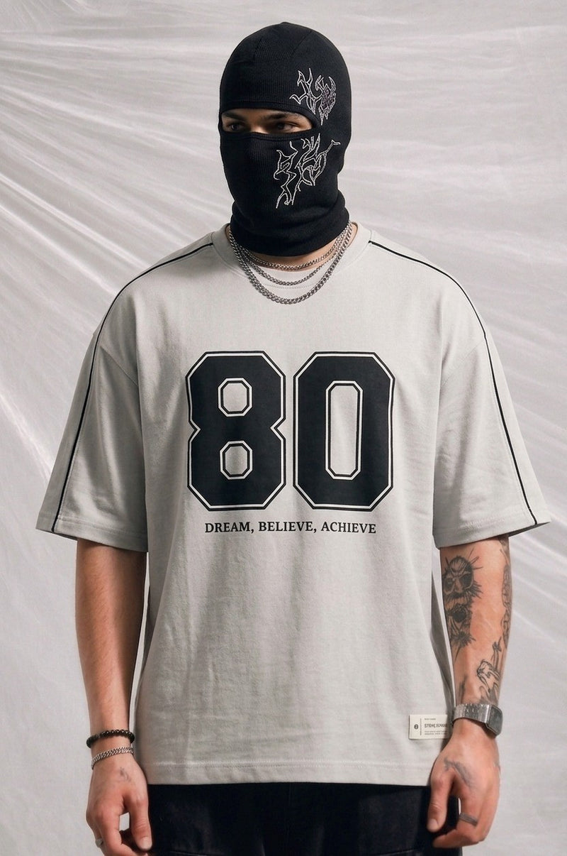 Men's Oversized Varsity Number '80' T-Shirt - 'Dream, Believe, Achieve | Elite Garments