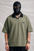 Oversized Olive Polo Shirt with Black Collar & Patch | Elite Garments