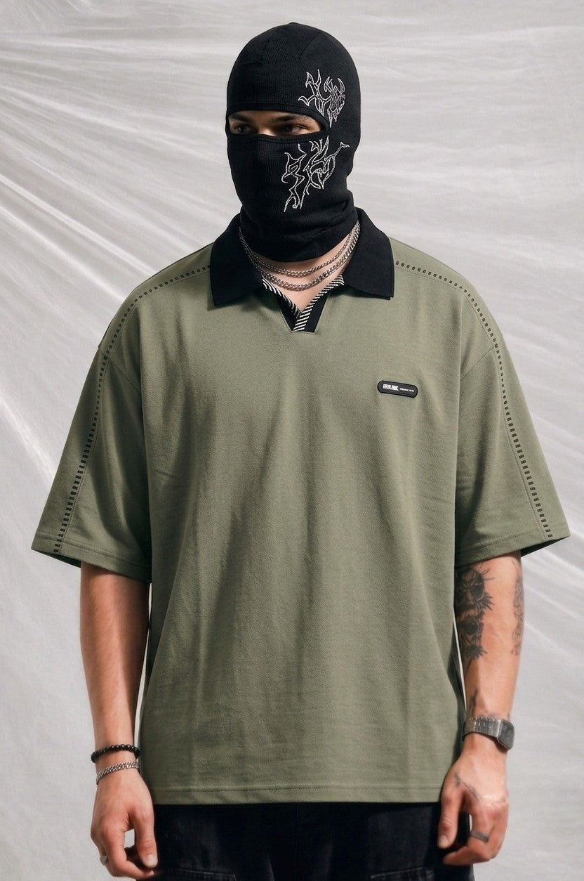 Oversized Olive Polo Shirt with Black Collar & Patch | Elite Garments