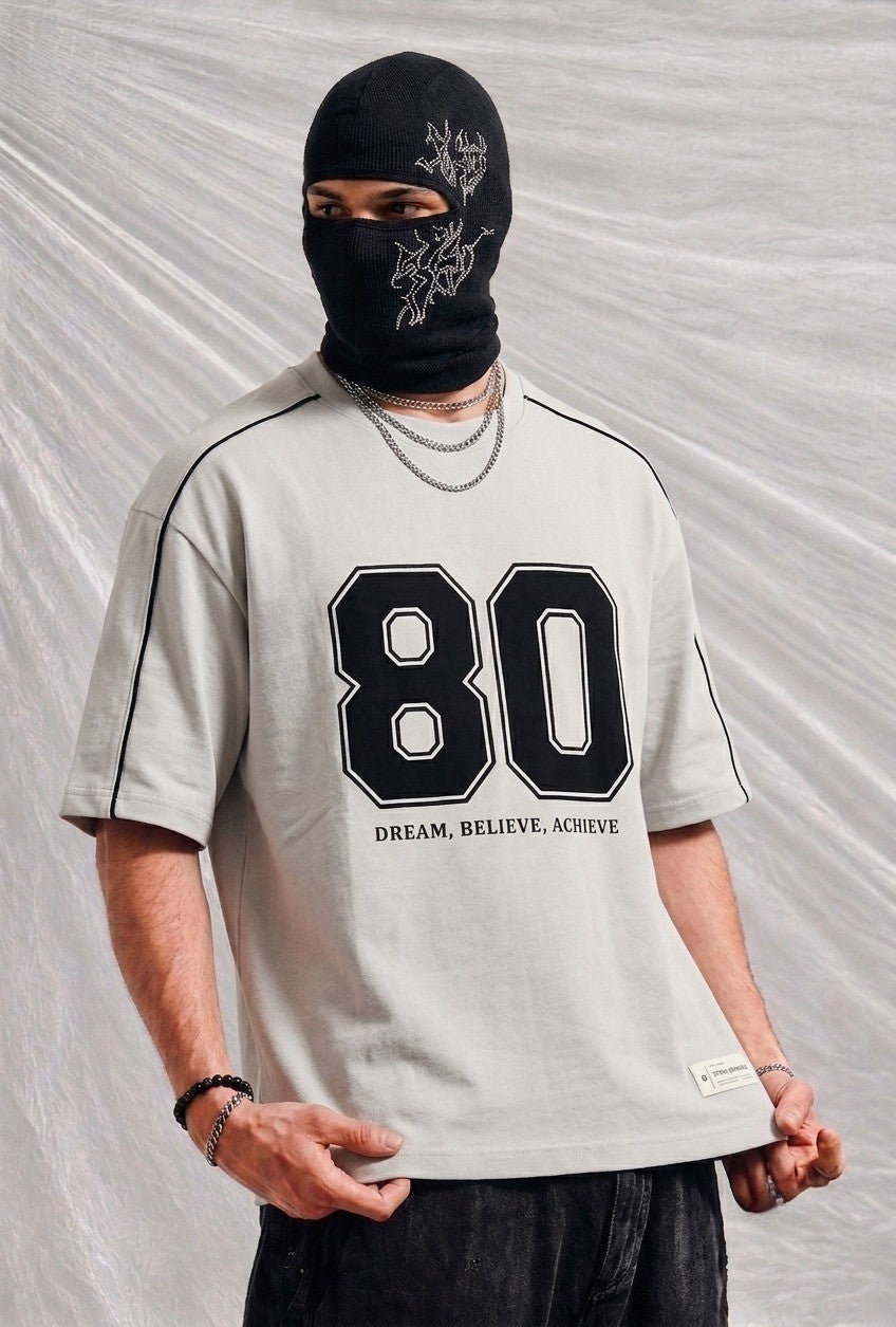Men's Oversized Varsity Number '80' T-Shirt - 'Dream, Believe, Achieve | Elite Garments