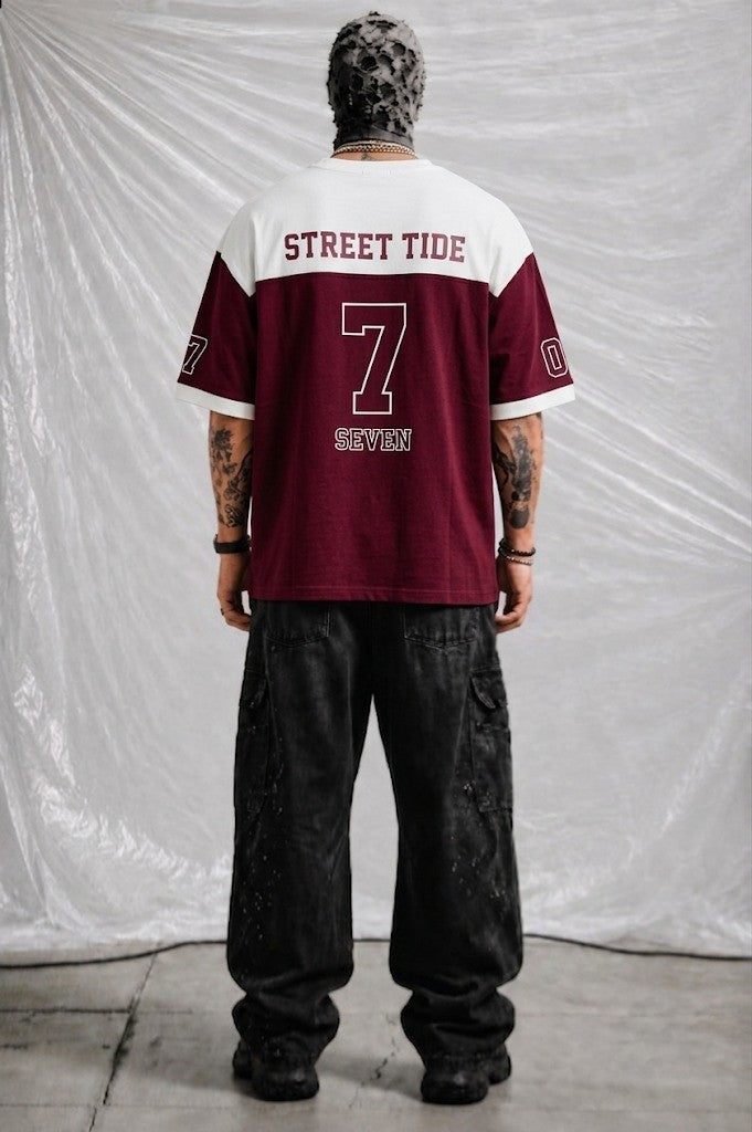 Oversized Maroon & Cream Racing T-Shirt with Number '07' & Shield Logo | Elite Garments
