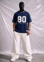 Men's Oversized Varsity Number '80' Blue T-Shirt - 'Dream, Believe, Achieve | Elite Garments